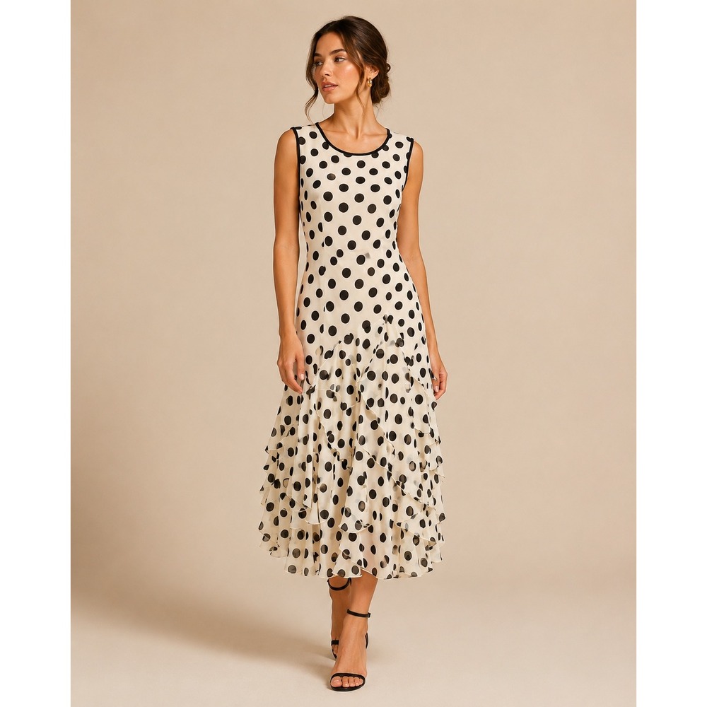 Polka Dot Dress Women 8 Cream Black Drop waist Y2K Ruffle Tiered Retro 30s Flowy